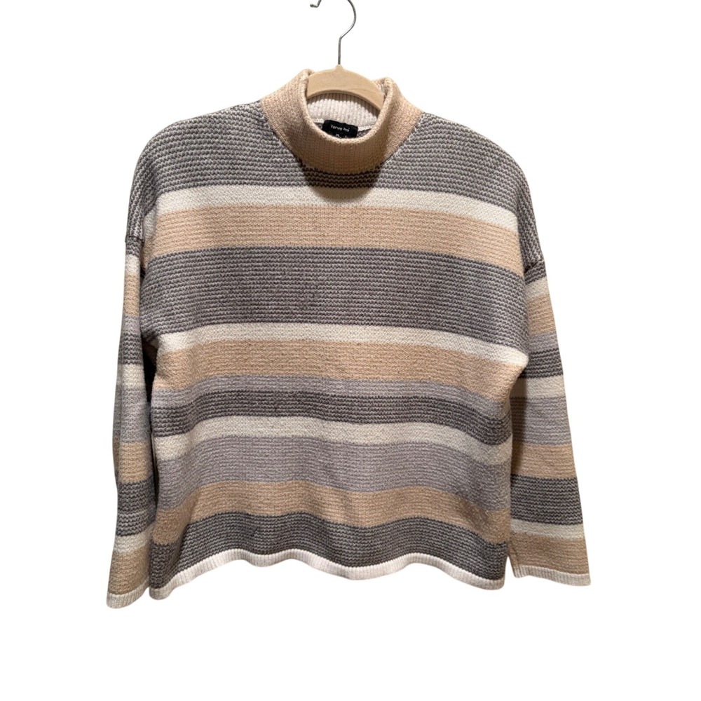 Verve Ami Striped Mock Neck Sweater XL Tan Grey Cream Neutral Knit Pullover